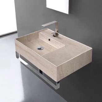 Bathroom Sink Beige Travertine Design Ceramic Wall Mounted Sink With Counter Space, Towel Bar Included Scarabeo 5114-E-TB